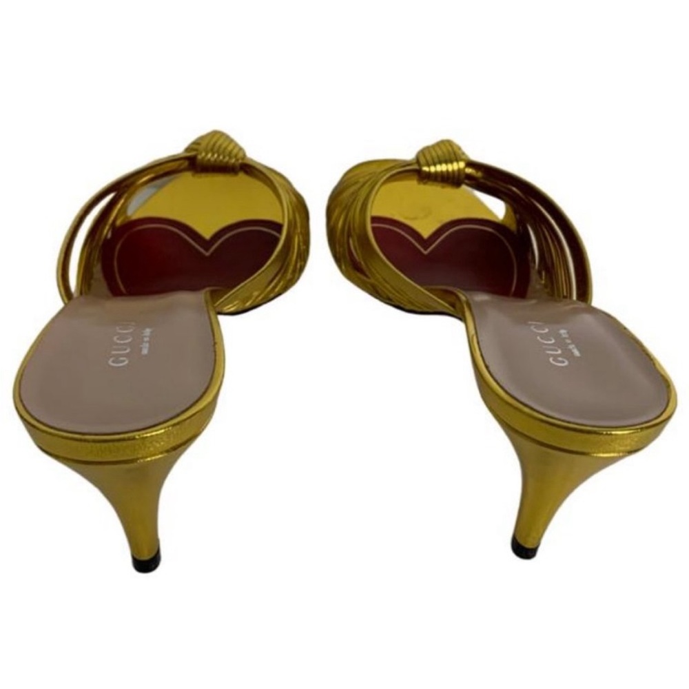GUCCI Metallic Nappa Crawford Knotted Mid Heel Slides Gold 3-inch kitten heel. - Picture 5 of 6